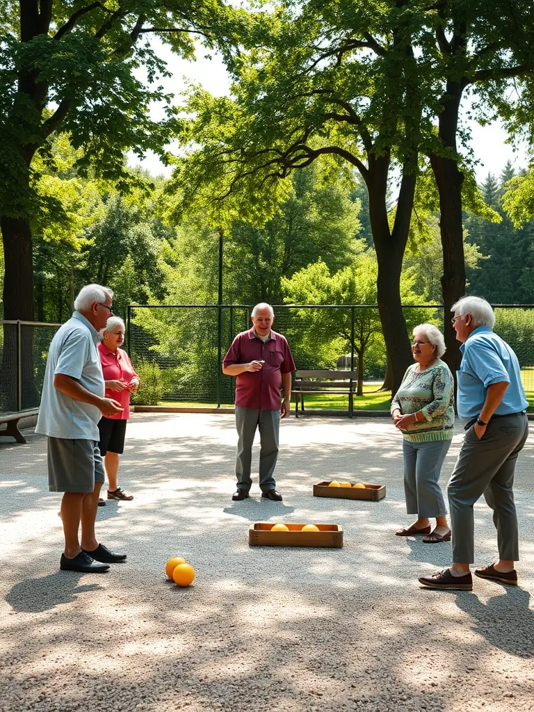 Retirees playing pétanque in a shaded area, laughing and socializing. The image should capture the relaxed and social atmosphere of the game.