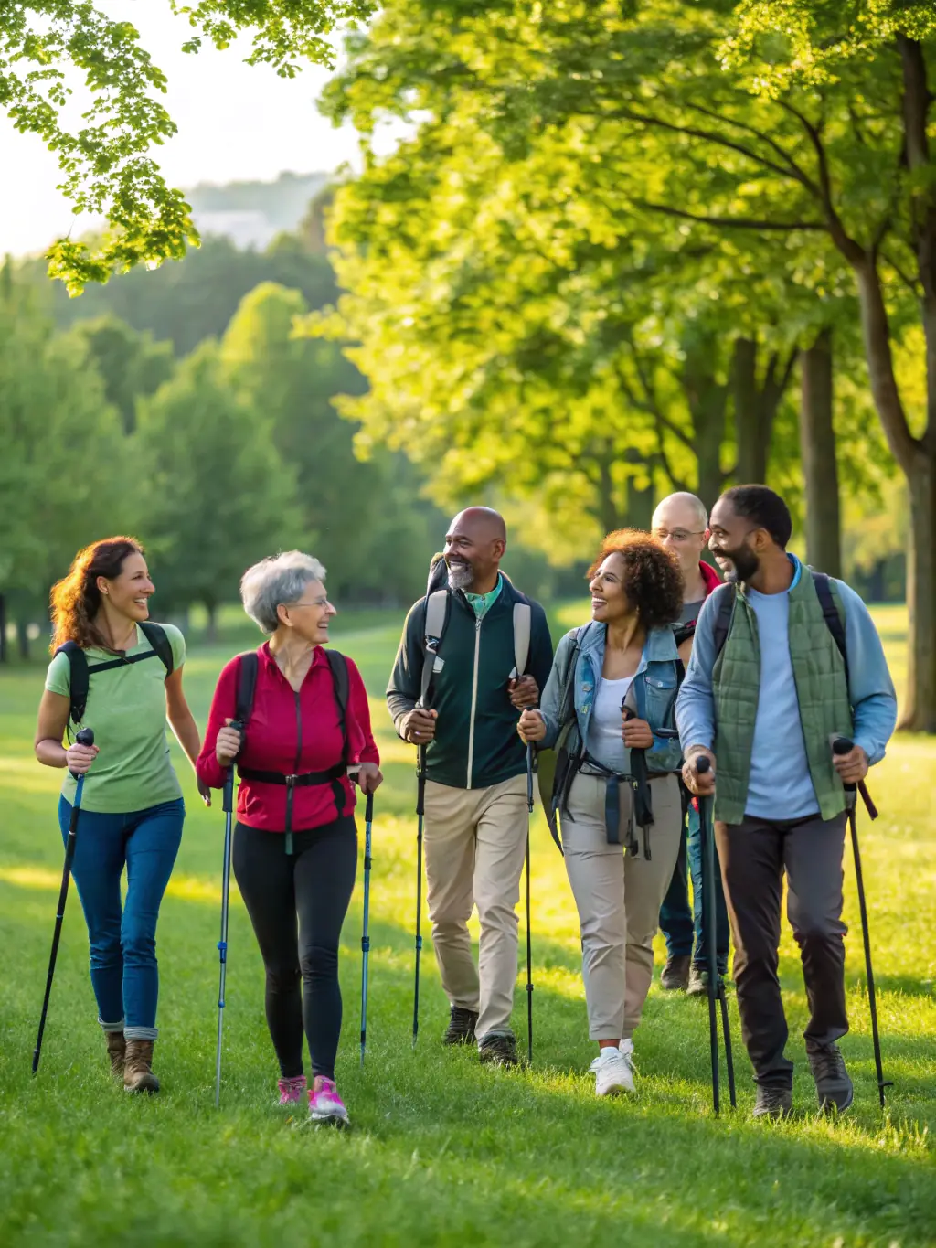 A group of seniors enjoying a Nordic walking session in a scenic natural environment, using poles to enhance their workout. The image should highlight the accessibility and enjoyment of the activity.