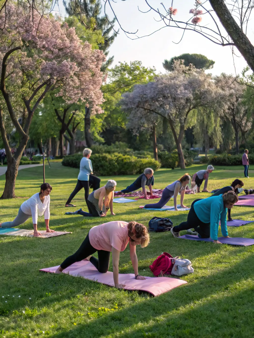 An image of a group of retirees in Marseille participating in a gentle yoga session in a park, with the city skyline in the background.