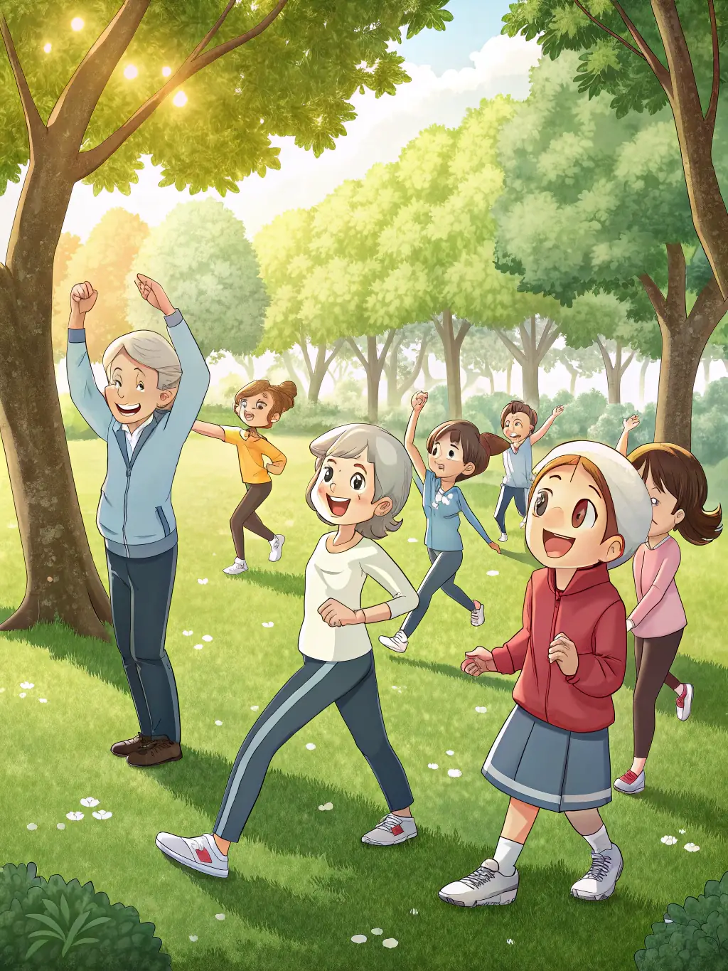 A group of retirees participating in a gentle stretching exercise outdoors in a park setting, with a qualified instructor guiding them. The scene should convey a sense of community and well-being.