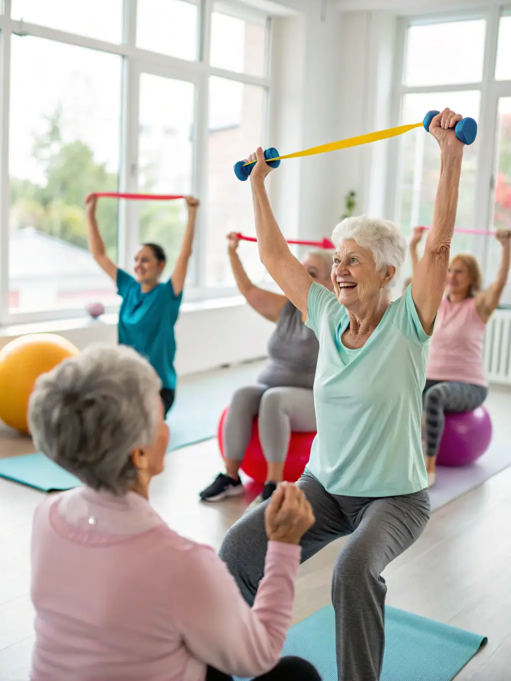 A group of older adults participating in a low-impact aerobics class indoors, led by an energetic instructor. The setting should be bright and welcoming.