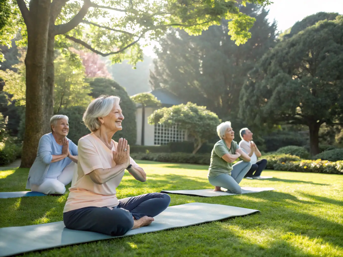 An image of a group of smiling retirees participating in a gentle yoga class in a sunny park in Marseille. The atmosphere is relaxed and friendly, showcasing the social and health benefits of ASRM's activities.
