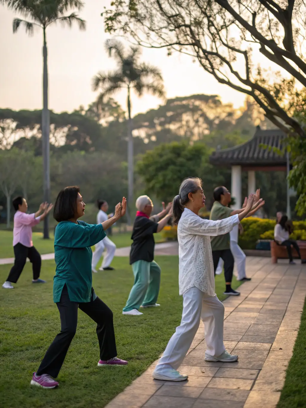 An image of retirees participating in a Tai Chi class in a community center in Marseille, focusing on slow and deliberate movements.